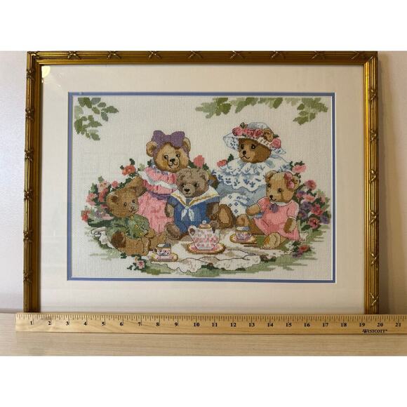 Framed Vintage Dimensions Teddy Bear Tea Party Cross-Stitch Whimsical Nursery - Picture 2 of 4